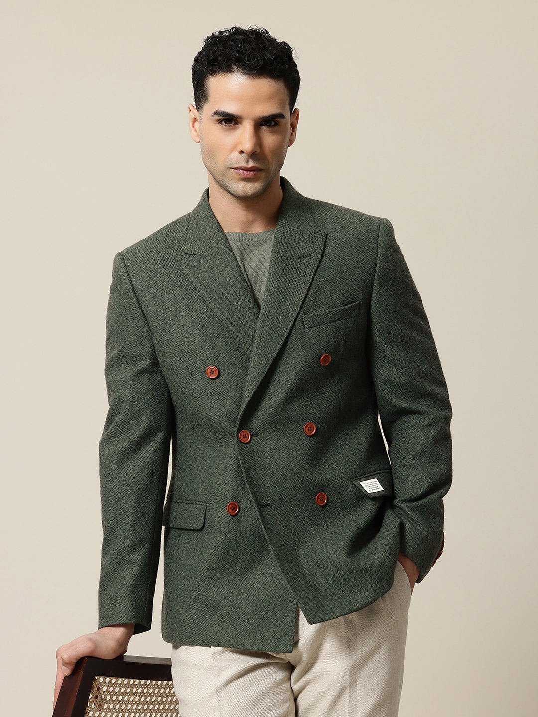 

Mr Bowerbird Peaked Lapel Double Breasted Tailored Fit Casual Blazer, Olive