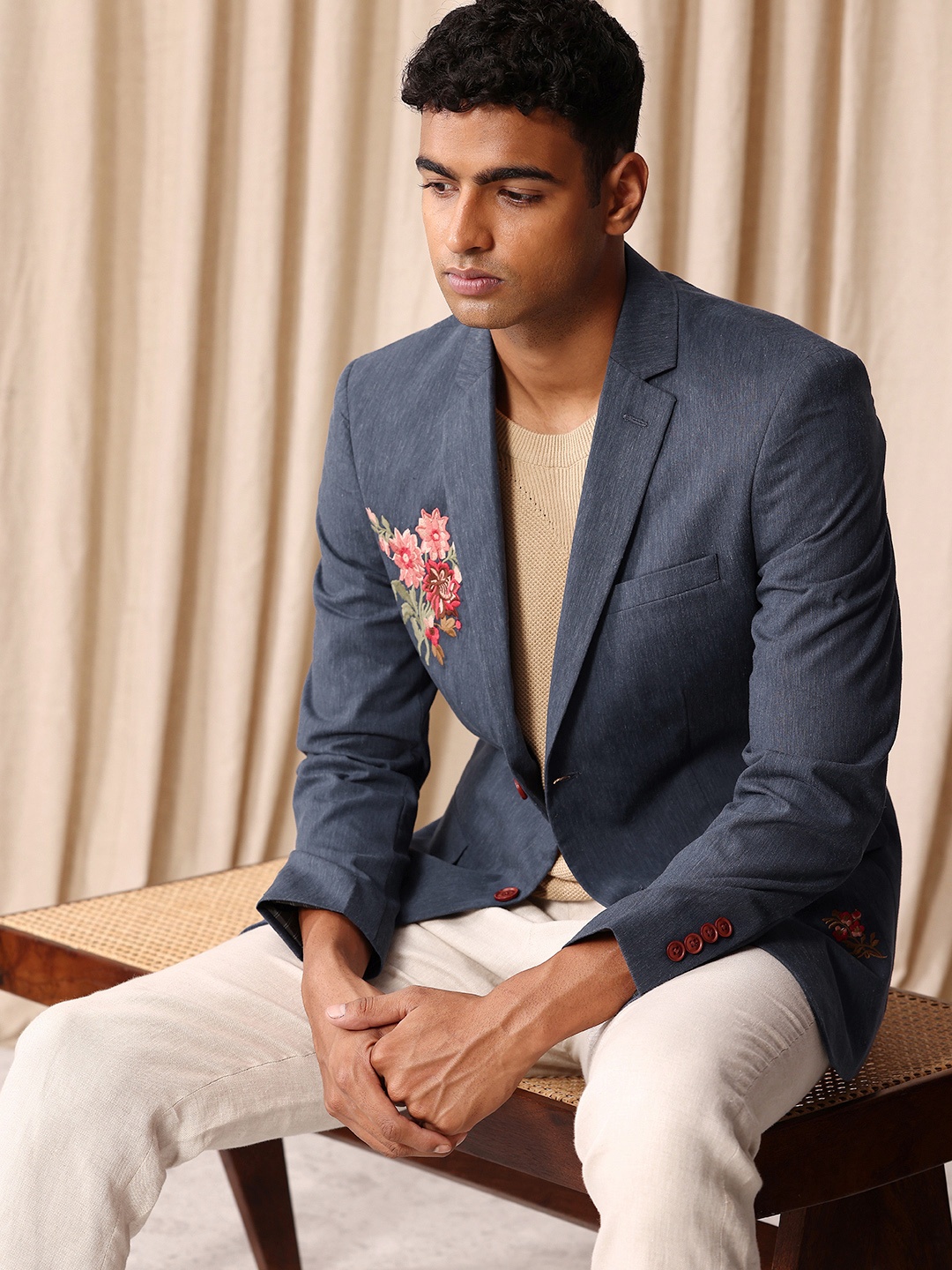 

Mr Bowerbird Floral Embroidered Tailored Fit Single-Breasted Casual Blazer, Blue