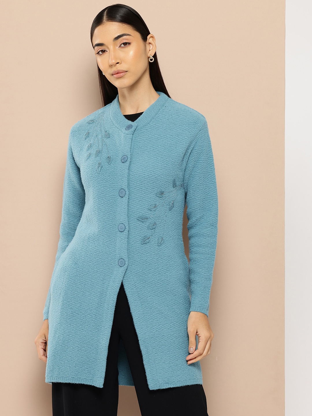

Chemistry Floral Woollen Longline Cardigan with Embroidered Detail, Blue