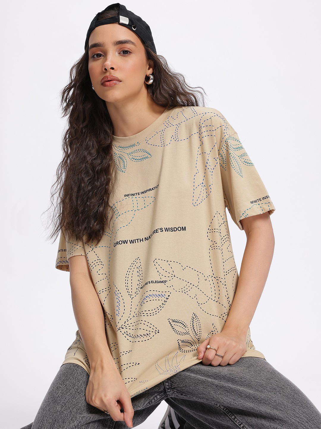 

The Roadster Lifestyle Co. Floral Printed Drop-Shoulder Sleeves T-shirt, Beige