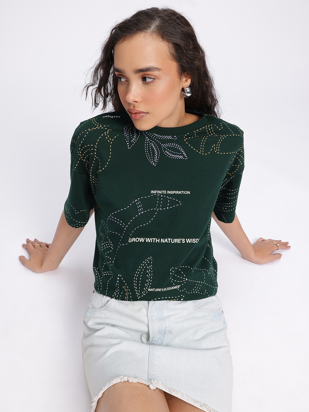 

The Roadster Lifestyle Co. Floral Printed Drop-Shoulder Sleeves T-shirt, Green