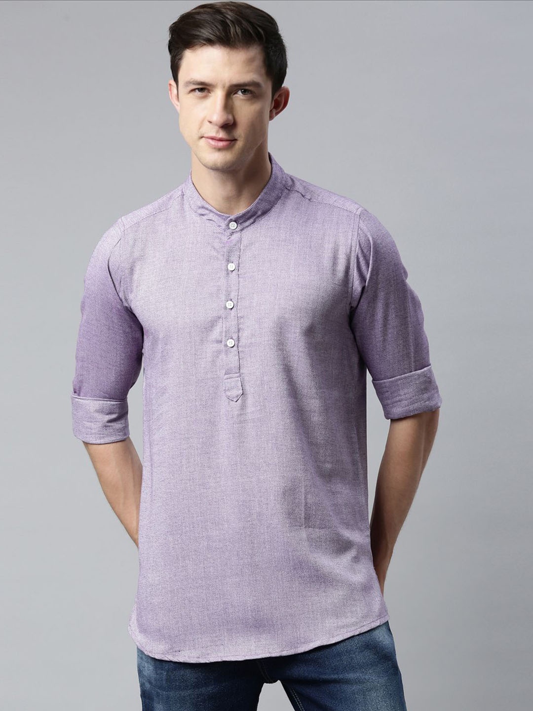

Cross Court Band Collar Pure Cotton Straight Short Kurta, Lavender