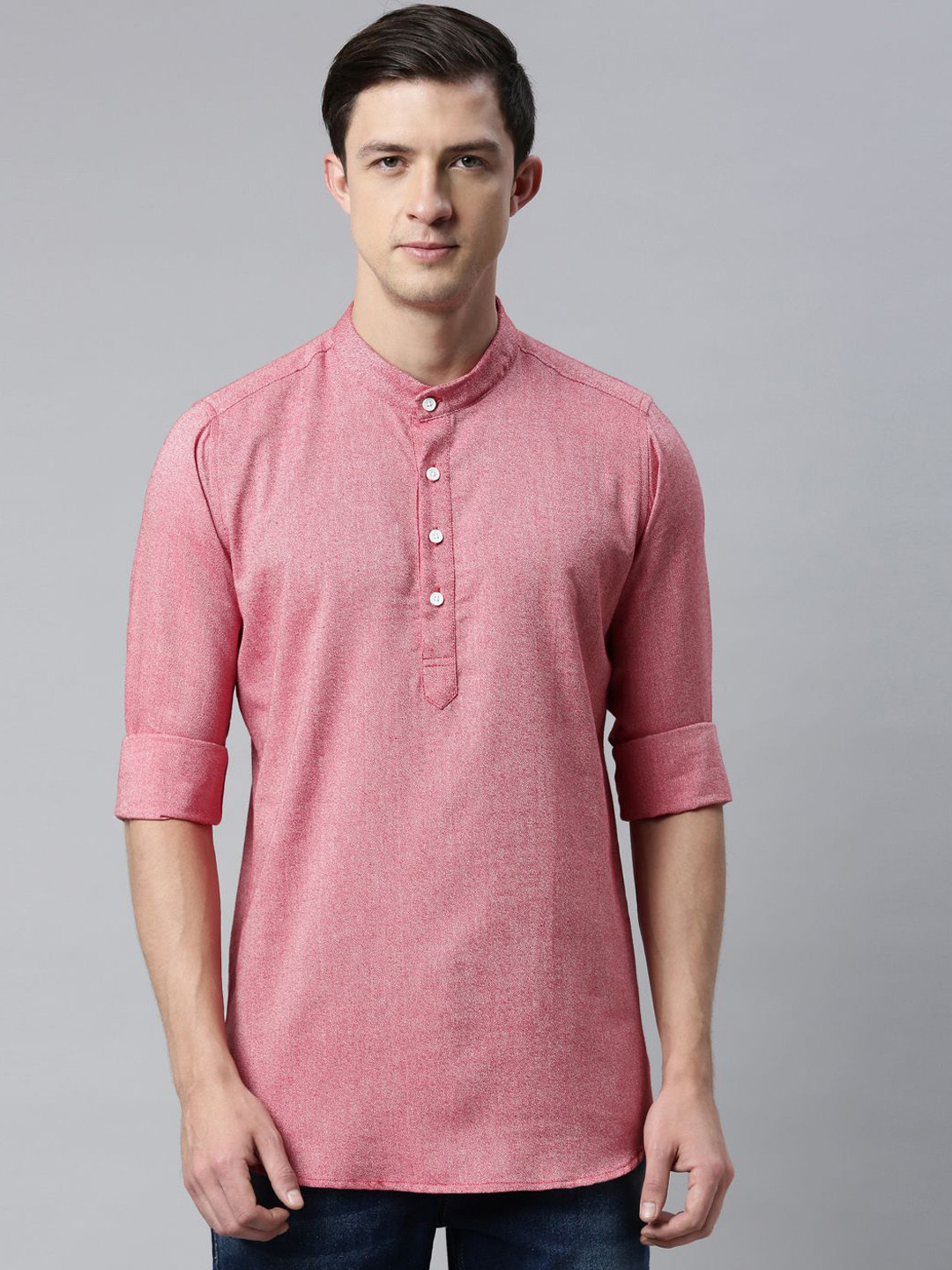 

Cross Court Band Collar Pure Cotton Straight Short Kurta, Pink