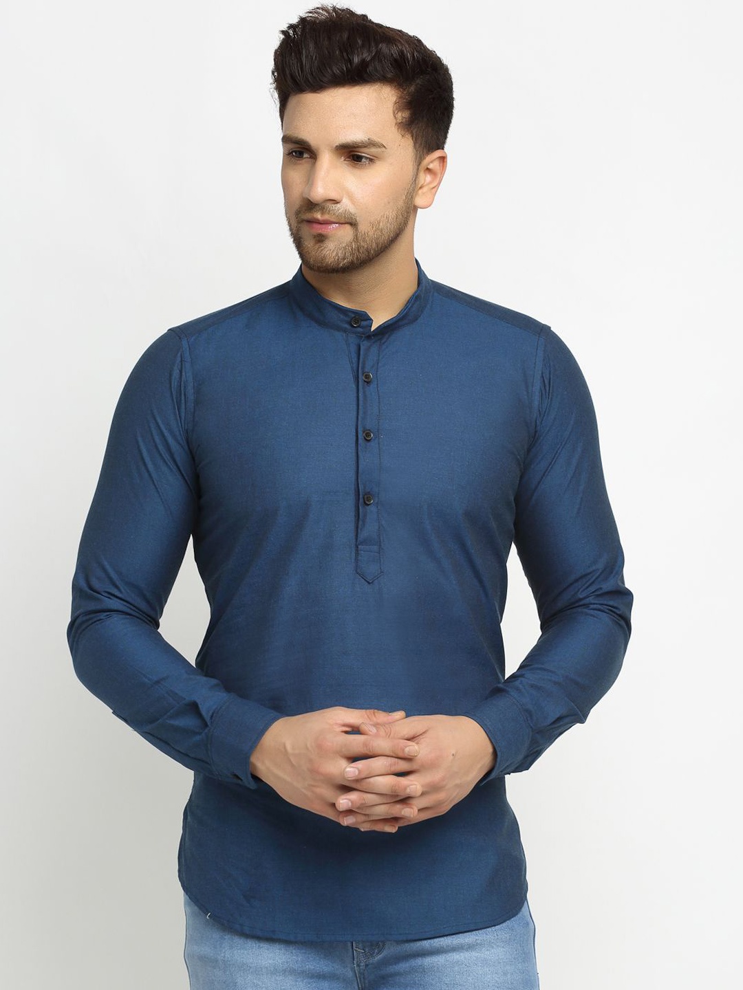 

Cross Court Band Collar Pure Cotton Straight Short Kurta, Blue
