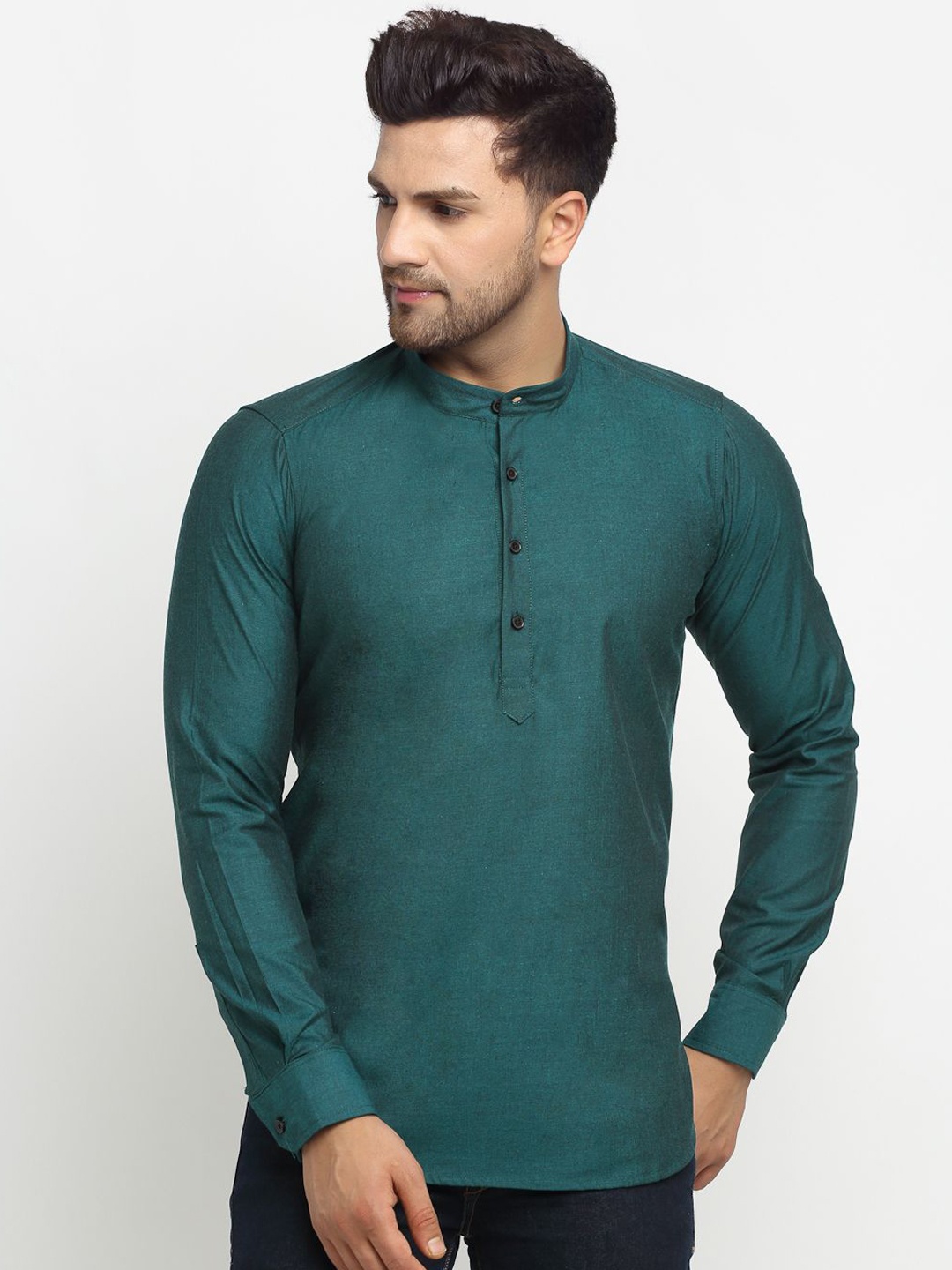 

Cross Court Band Collar Pure Cotton Straight Short Kurta, Teal