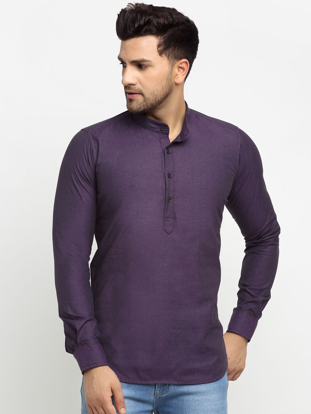 

Cross Court Band Collar Pure Cotton Straight Short Kurta, Purple