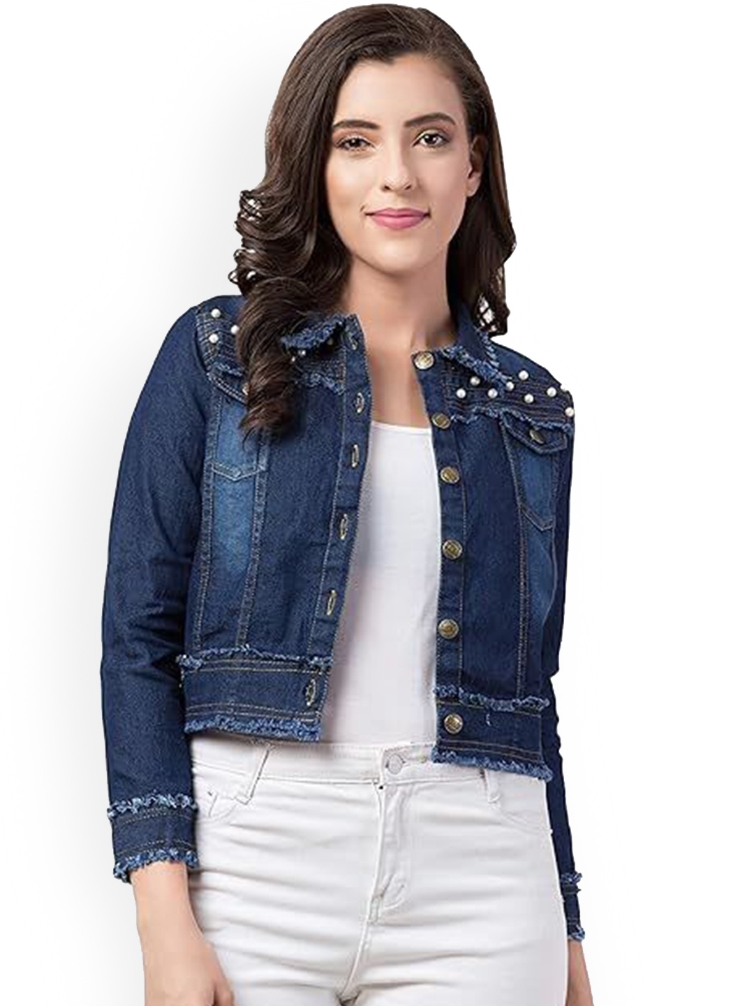 

BAESD Women Washed Crop Denim Jacket, Blue