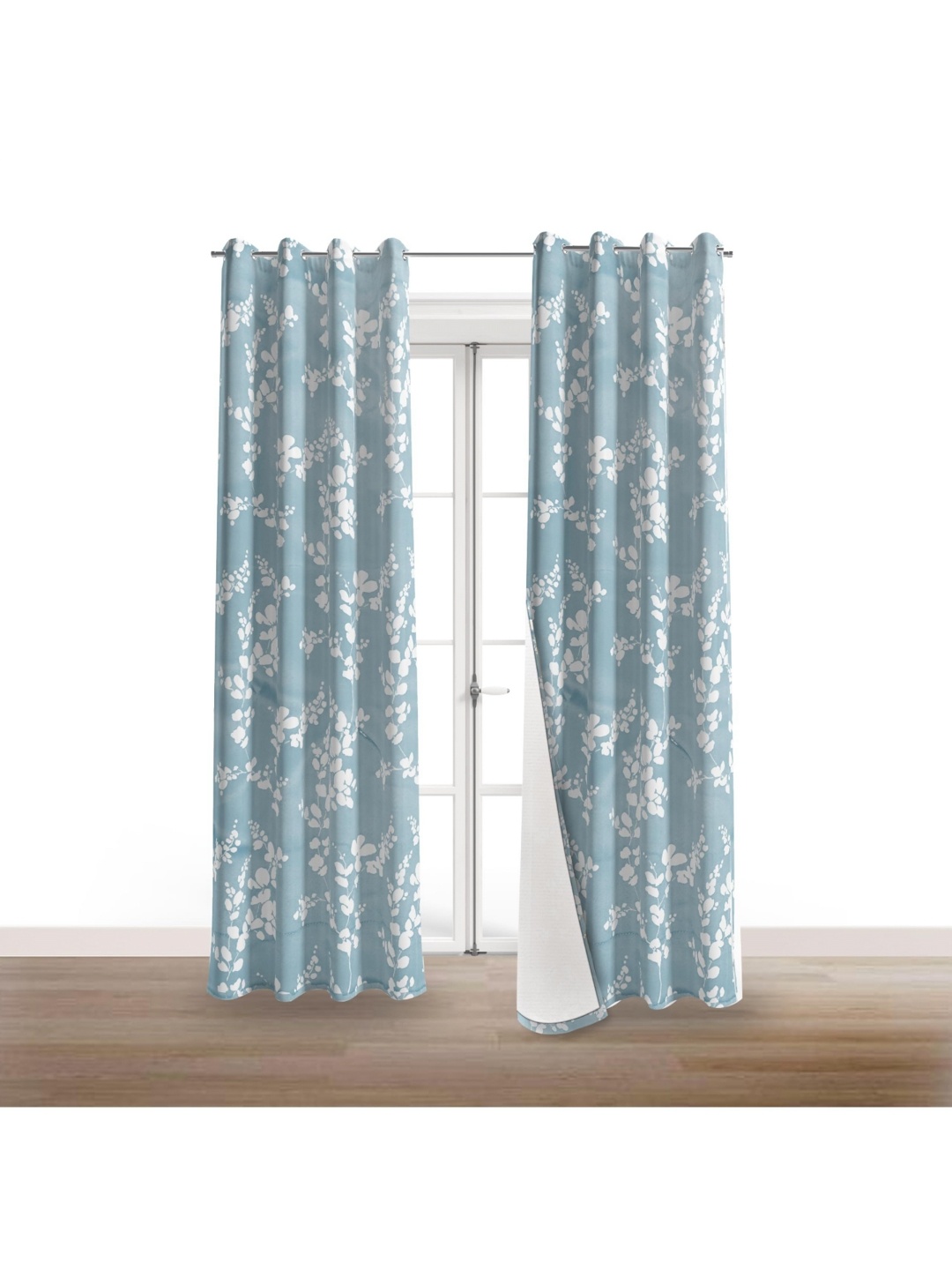 

BFAM Blue & White Set of 2 Floral Black Out Door Curtain