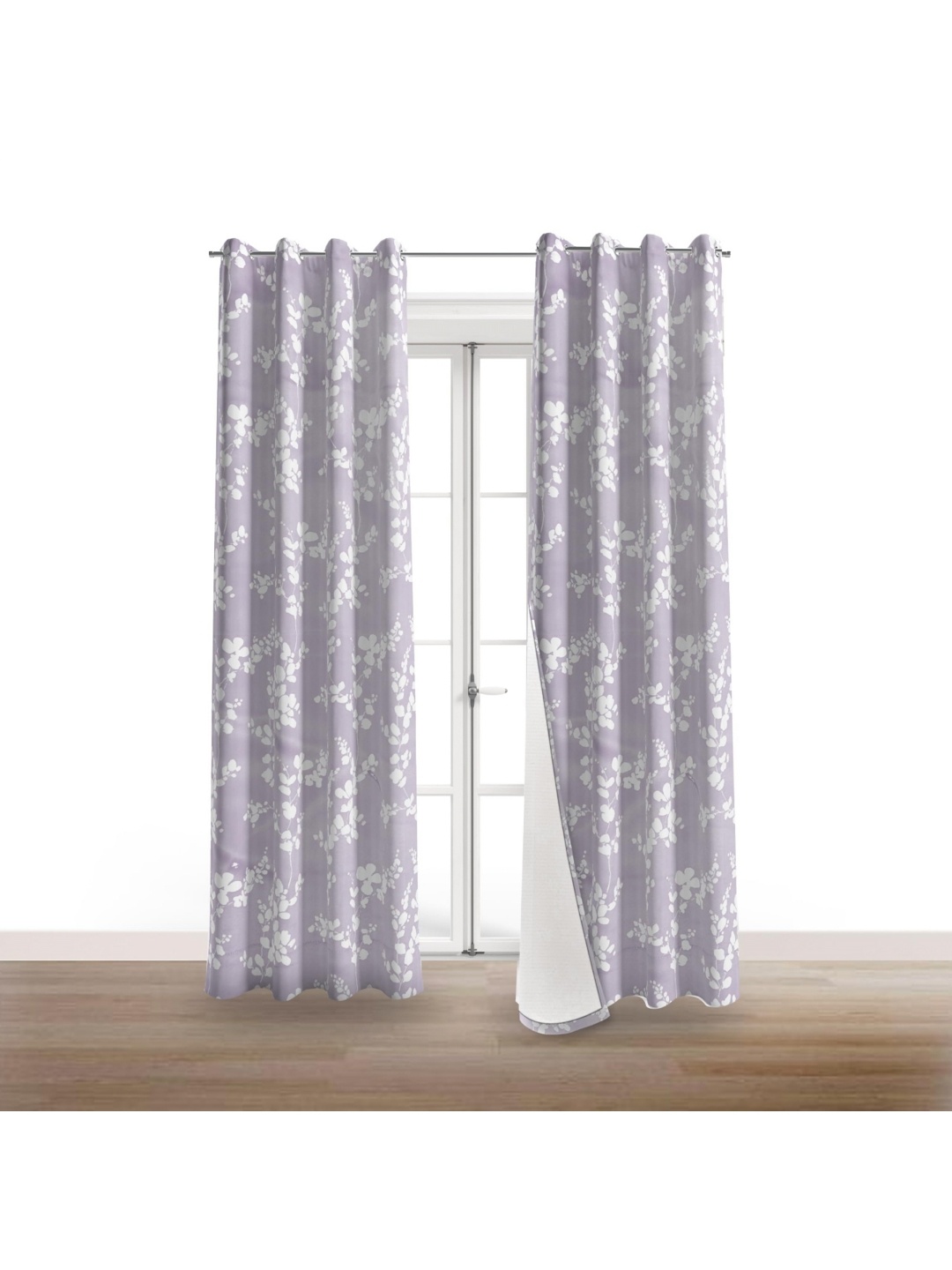 

BFAM Purple & White Set of 2 Floral Black Out Window Curtain