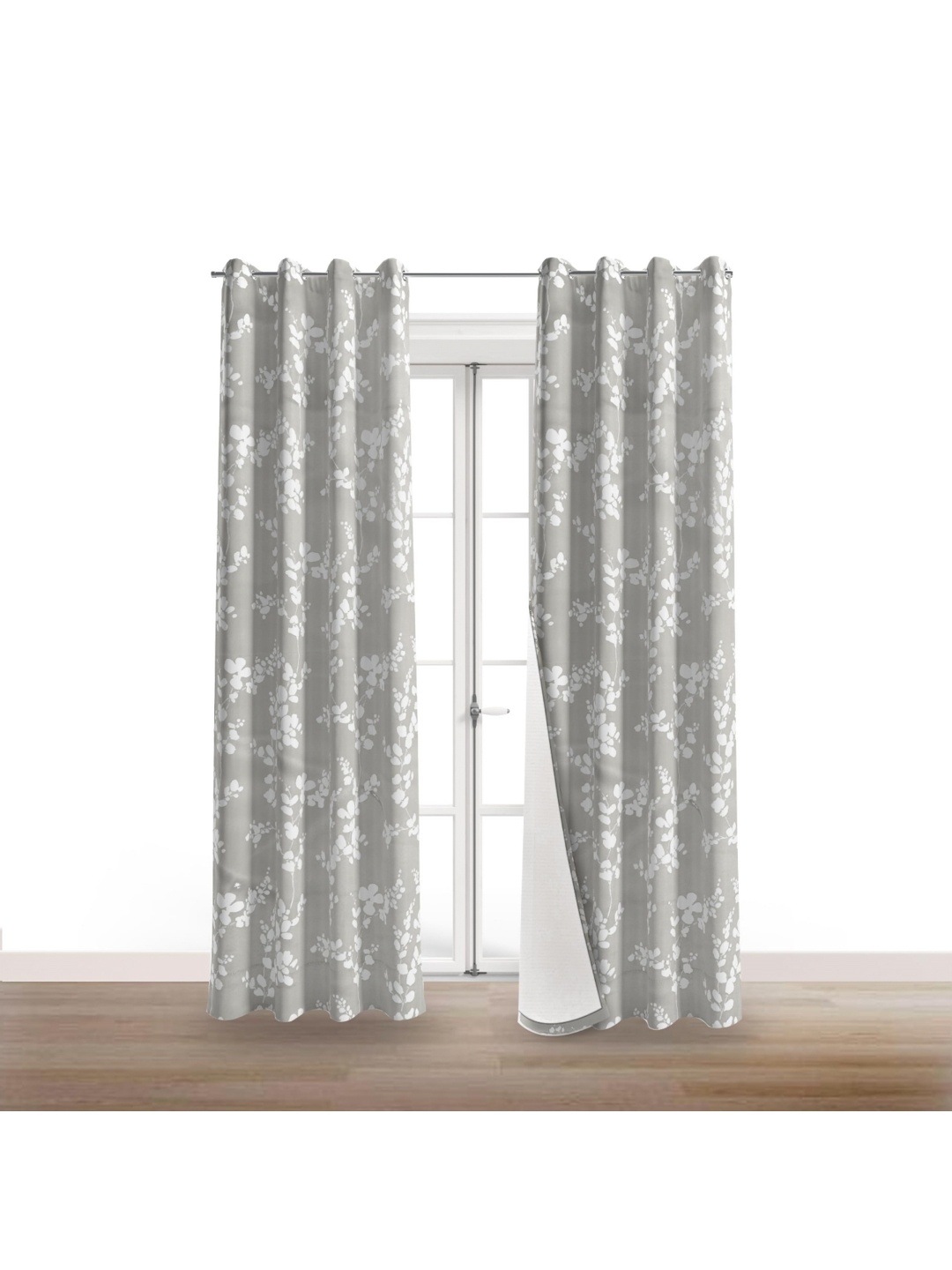 

BFAM Grey & White 2 Pieces Floral Printed Black Out Window Curtains