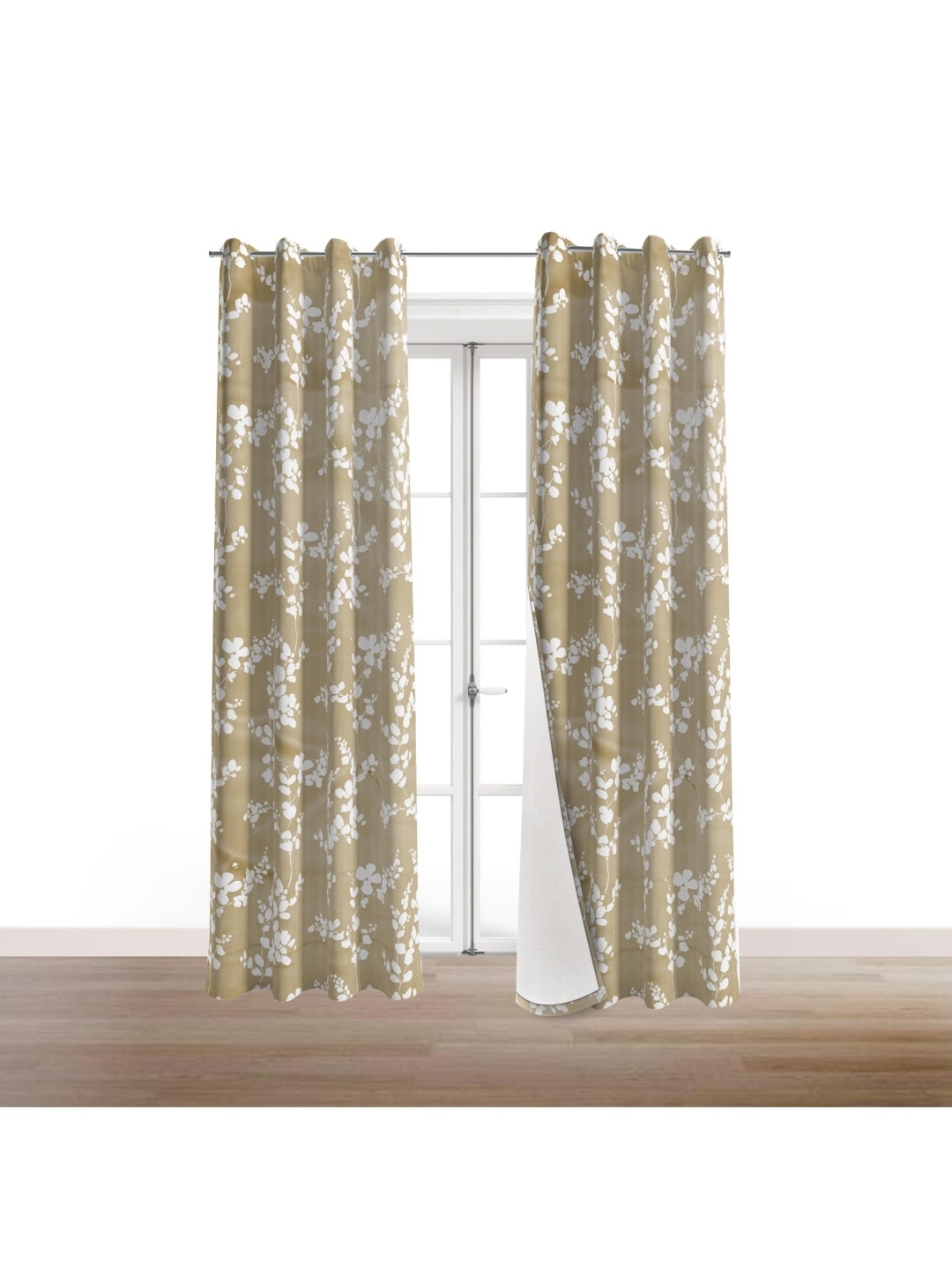 

BFAM Gold-Toned & White 2 Pieces Floral Printed Black Out Window Curtains