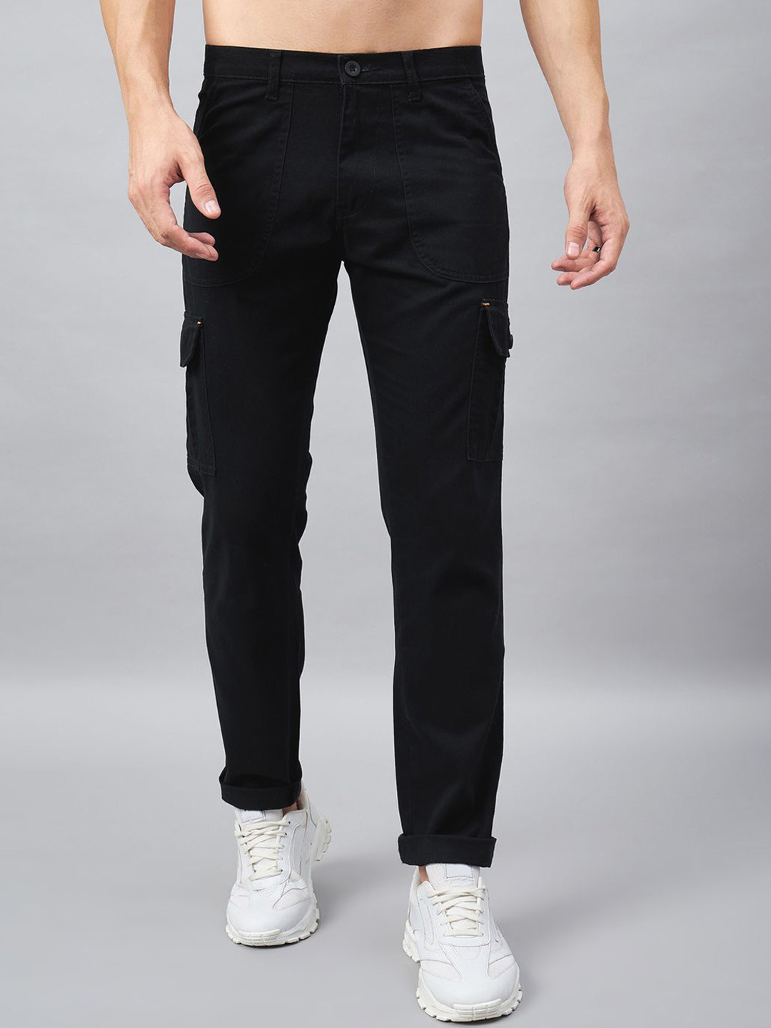 

STUDIO NEXX Men Flat-Front Relaxed Straight Leg Cargos Trousers, Black