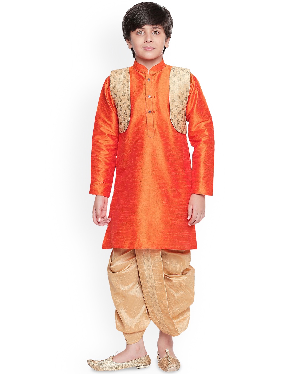 

BAESD Boys Mandarin Collar Silk Cotton Straight Kurta with Dhoti Pants & Jacket, Orange