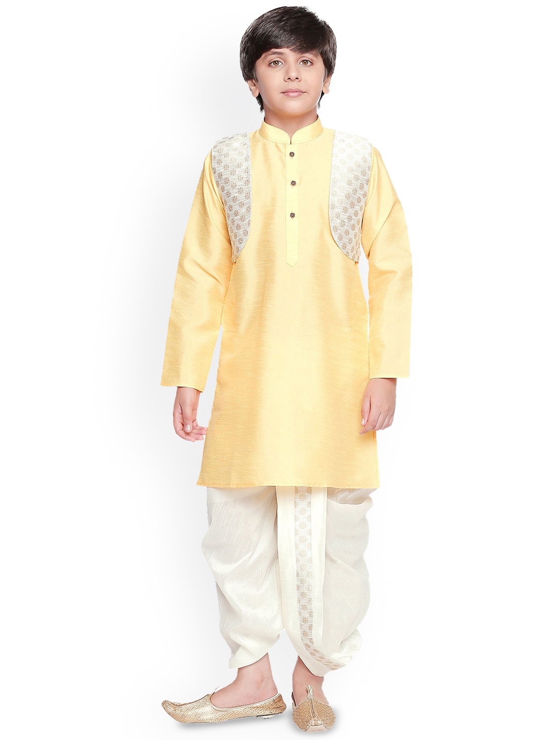 

BAESD Boys Mandarin Collar Silk Cotton Straight Kurta with Dhoti Pants & Jacket, Yellow