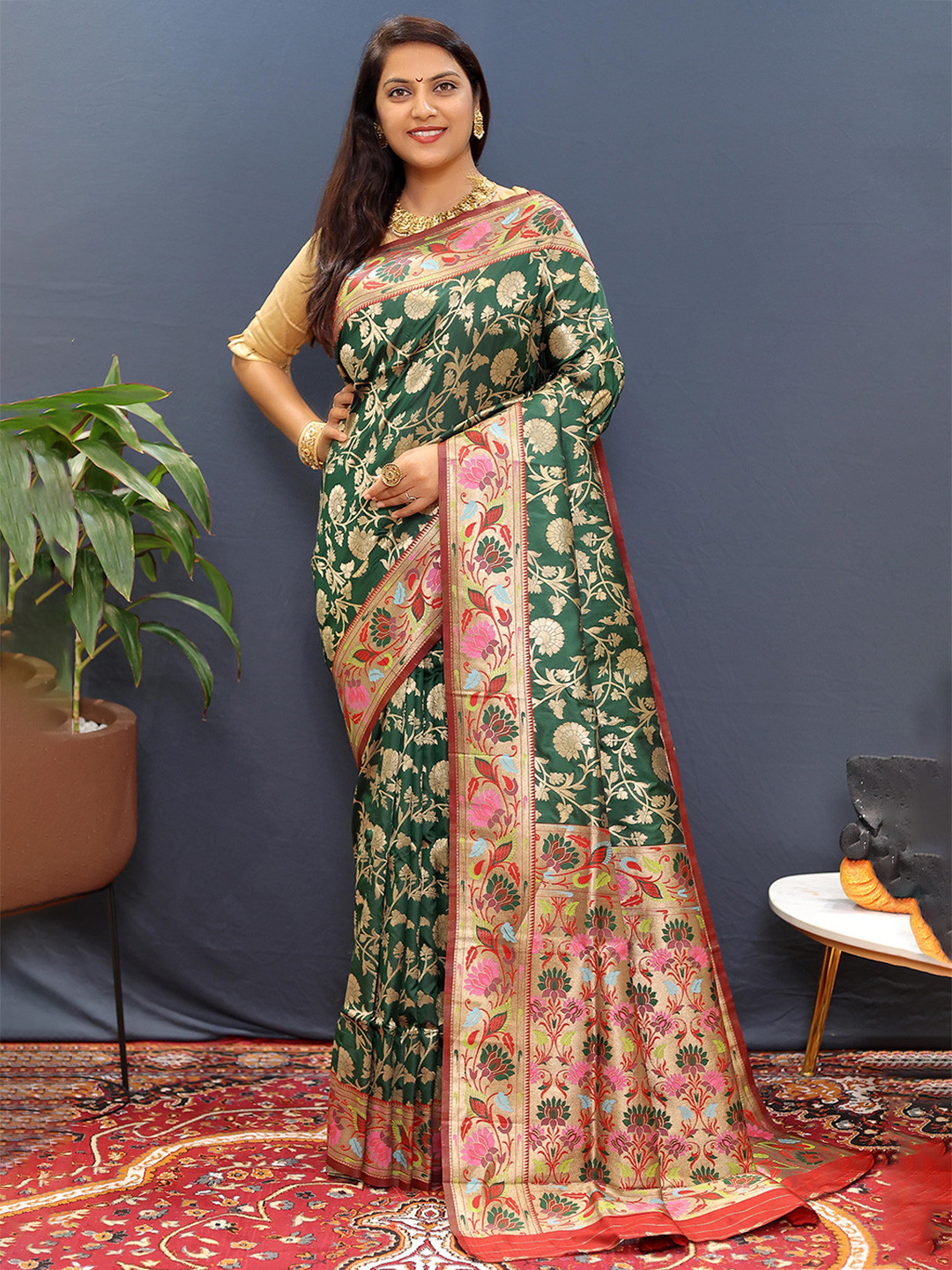 

Mitera Woven Design Zari Banarasi Saree, Green