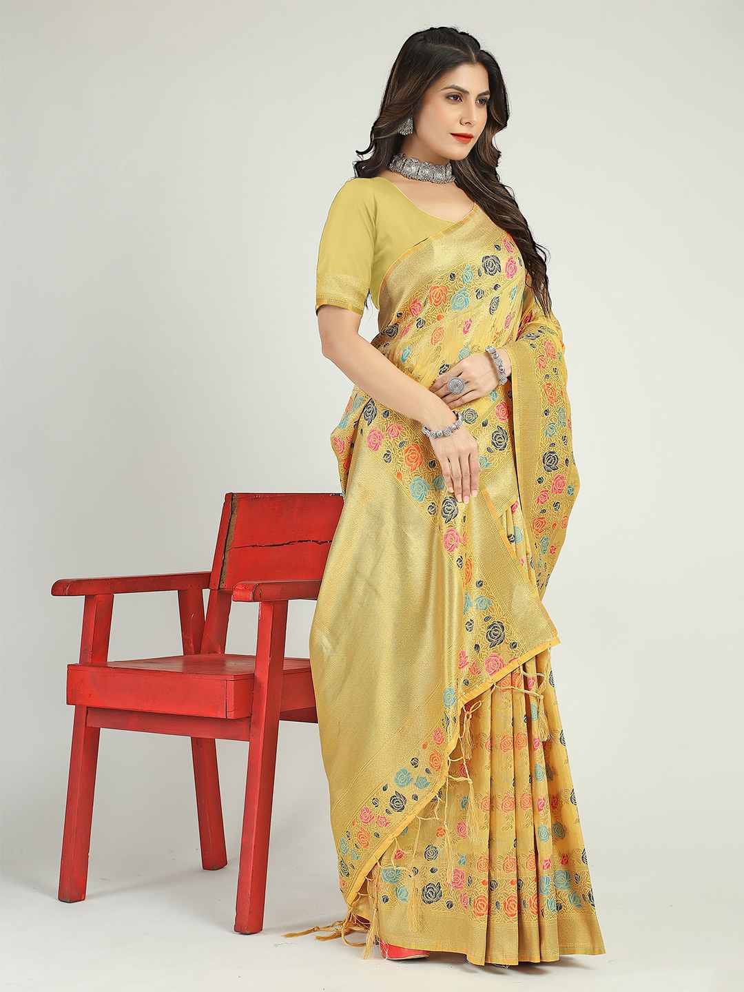 

Mitera Ethnic Motifs Zari Banarasi Saree, Yellow