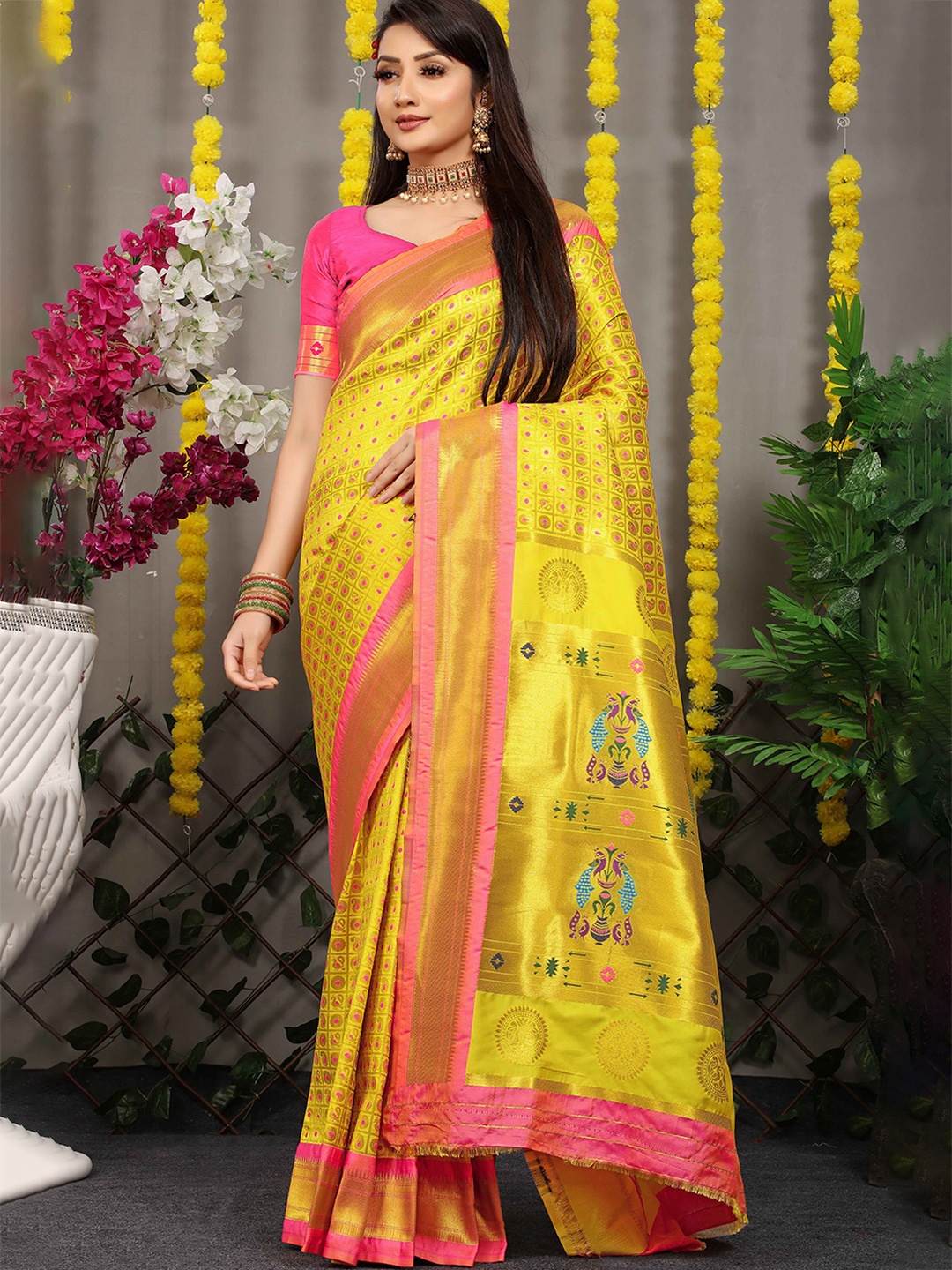 

Mitera Ethnic Motifs Zari Paithani Saree, Yellow