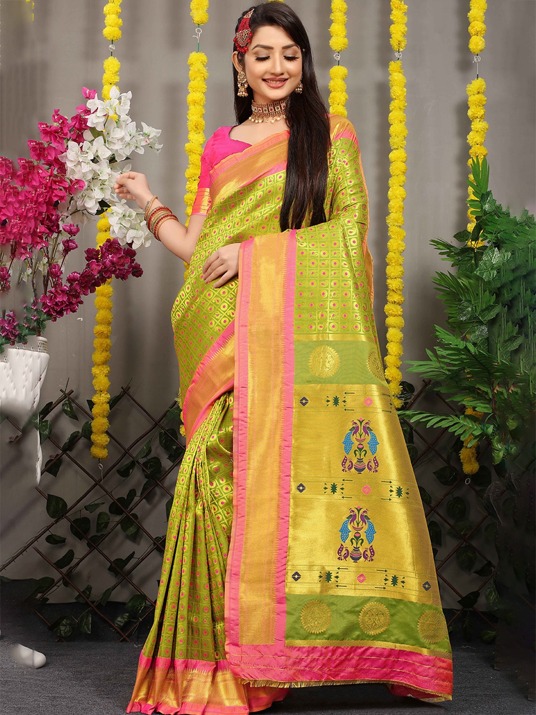 

Mitera Woven Design Zari Paithani Saree, Lime green