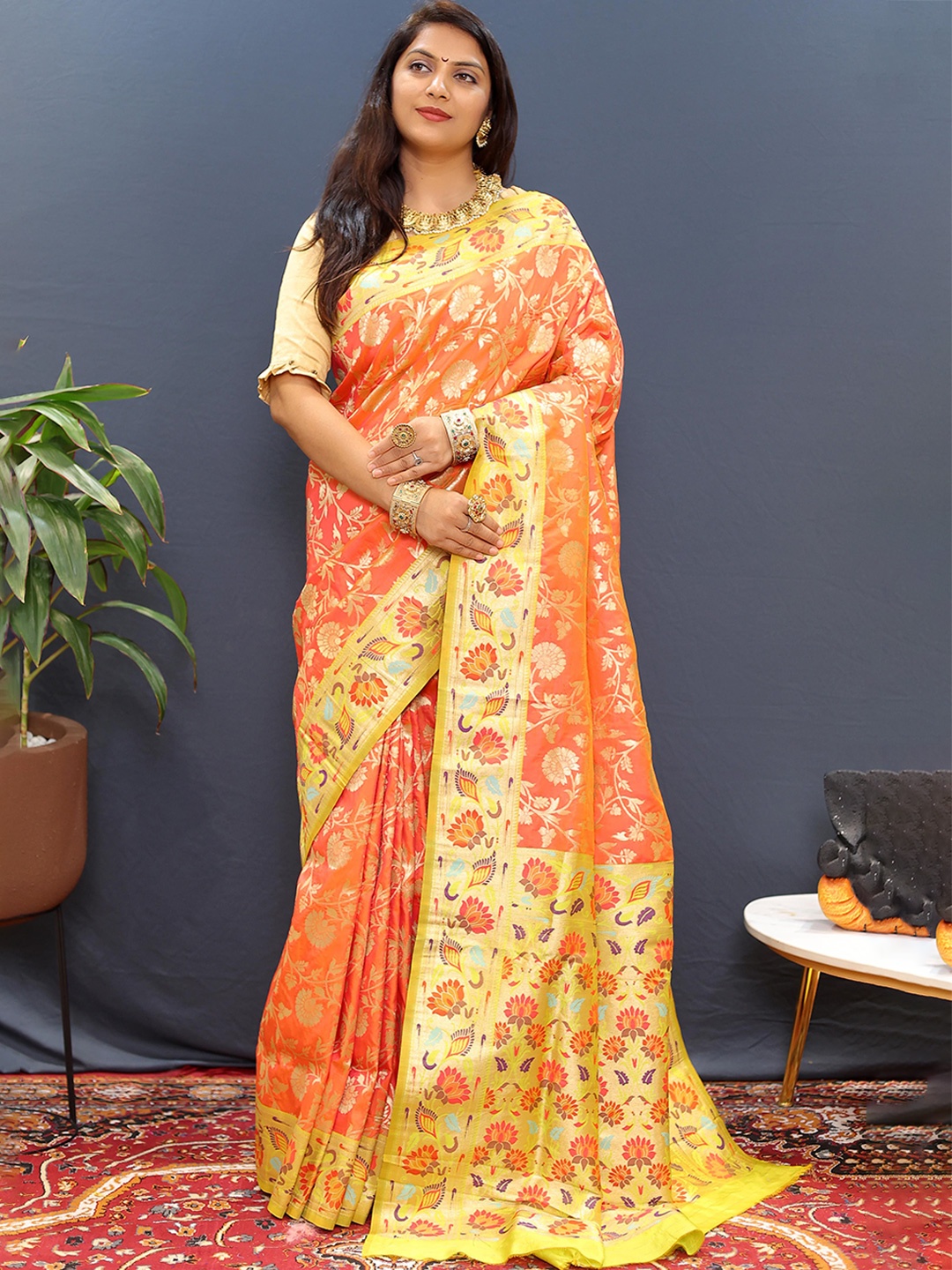 

Mitera Ethnic Motifs Zari Banarasi Saree, Orange