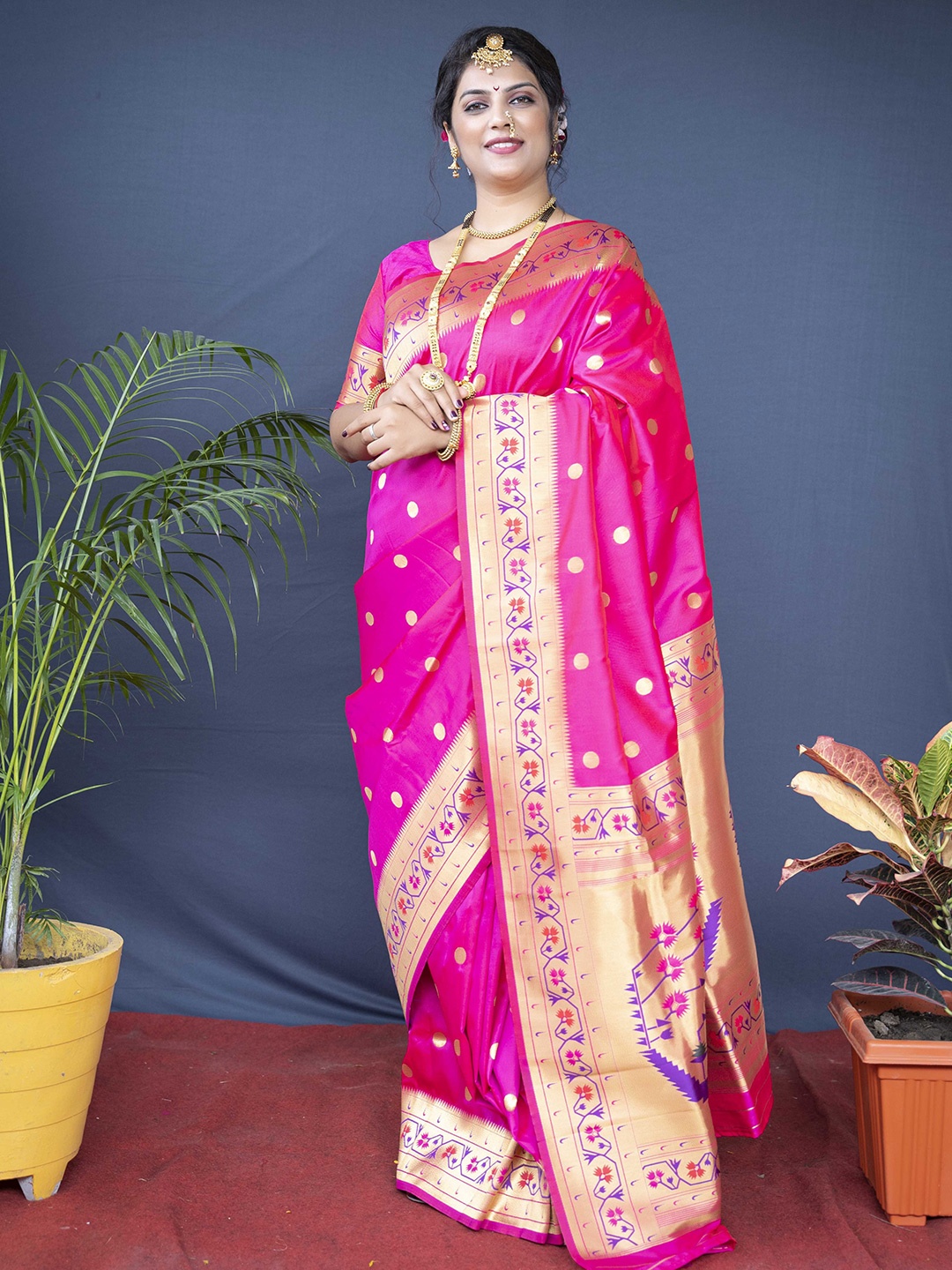 

Mitera Polka Dot Zari Paithani Saree, Pink