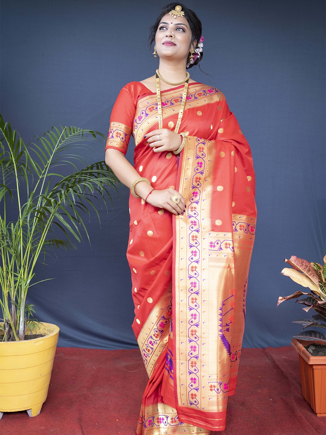 

Mitera Polka Dot Zari Paithani Saree, Red
