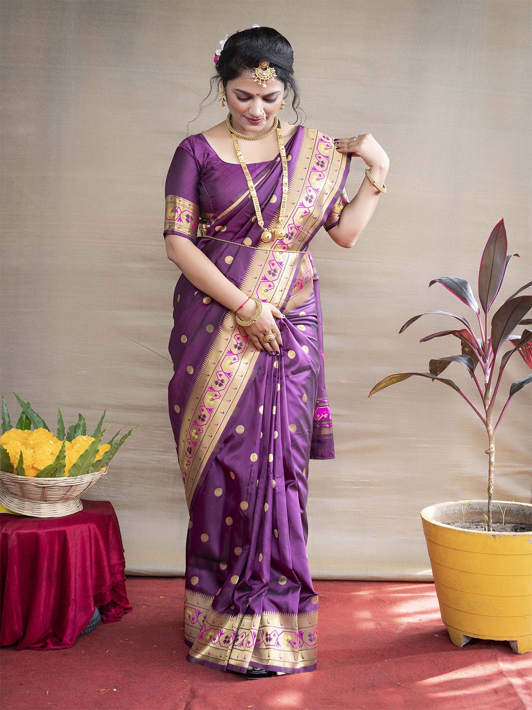 

Mitera Polka Dot Zari Paithani Saree, Violet