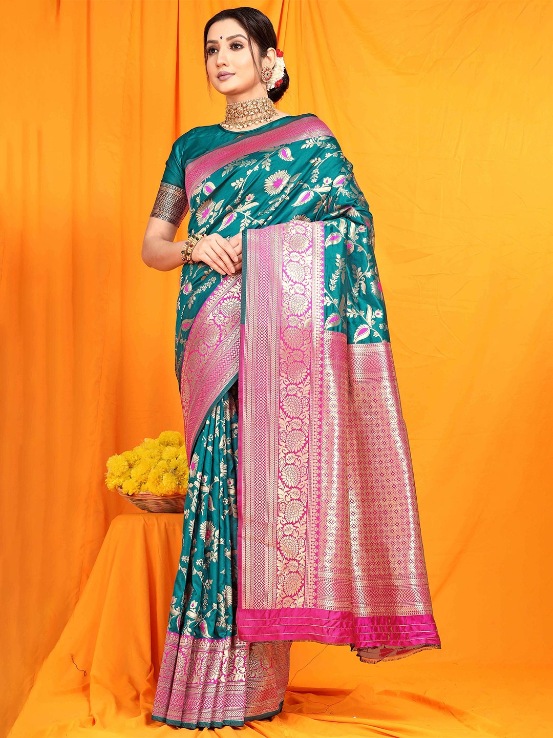 

Mitera Ethnic Motifs Zari Banarasi Saree, Teal