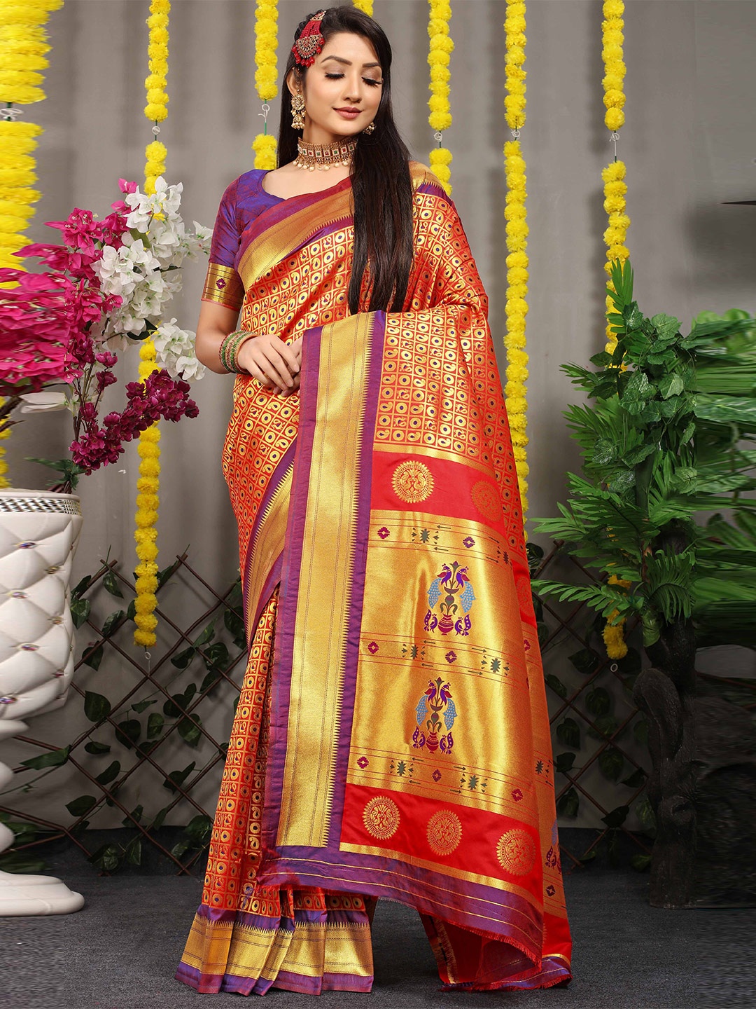 

Mitera Ethnic Motifs Zari Paithani Saree, Red