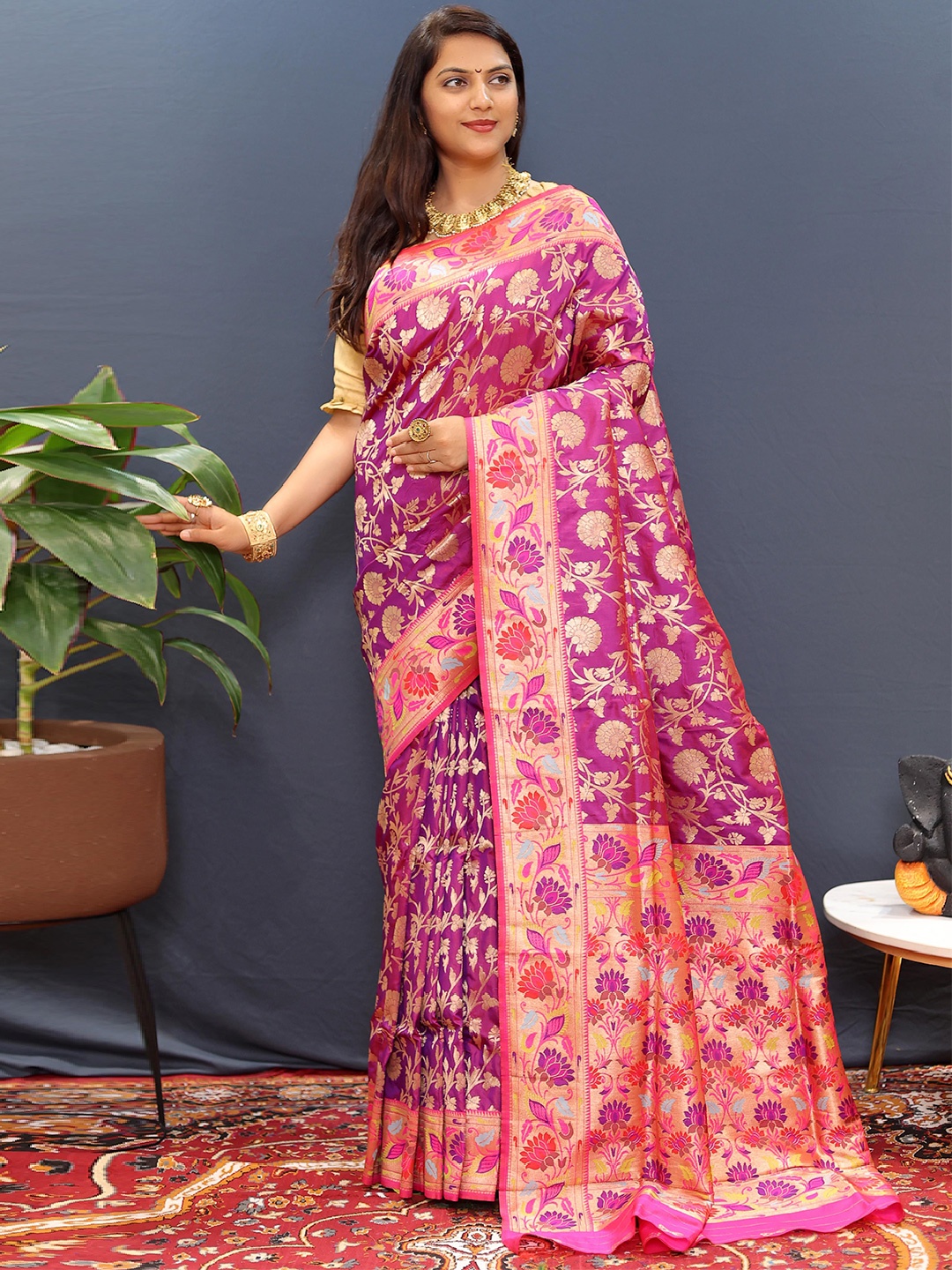 

Mitera Ethnic Motifs Zari Banarasi Saree, Purple