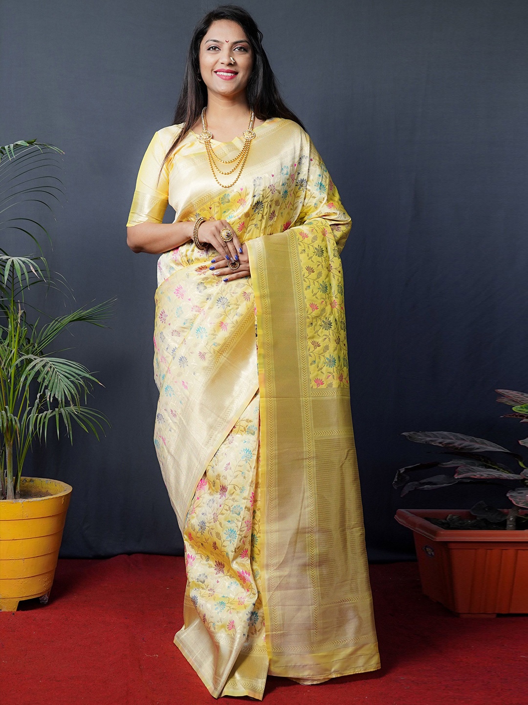 

Mitera Ethnic Motifs Zari Banarasi Saree, Yellow
