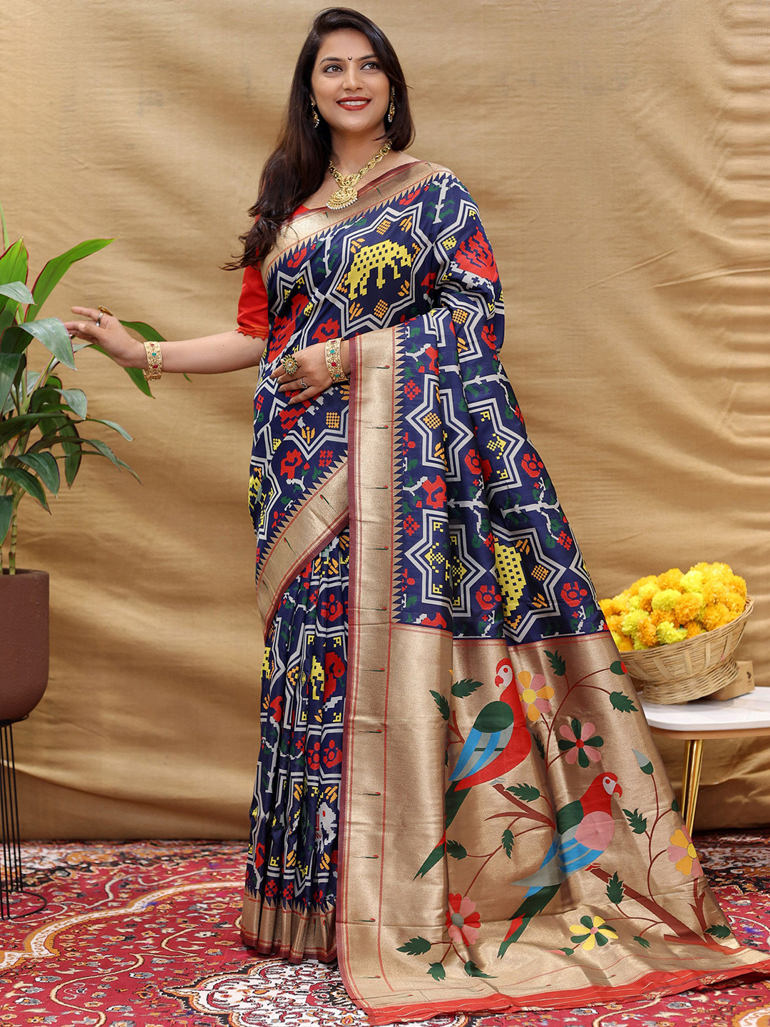 

Mitera Ethnic Motifs Zari Patola Saree, Navy blue