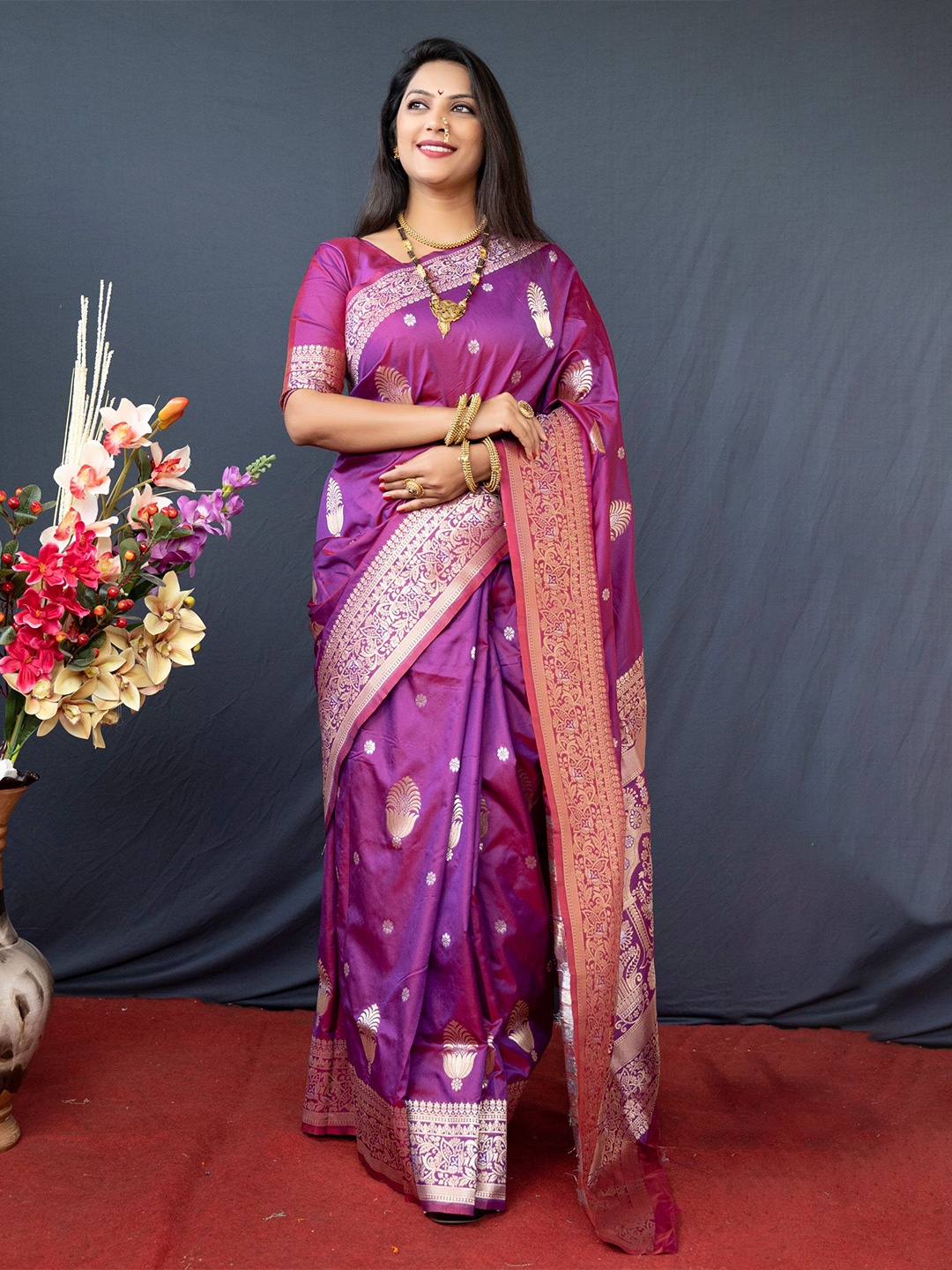 

Mitera Ethnic Motifs Zari Banarasi Saree, Purple