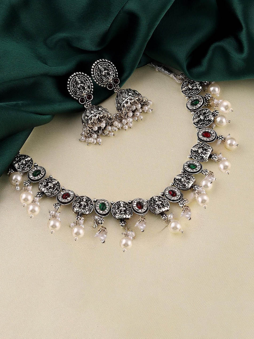 

MANSIYAORANGE Rhodium-Plated Stone Studded Jewellery Set, Silver