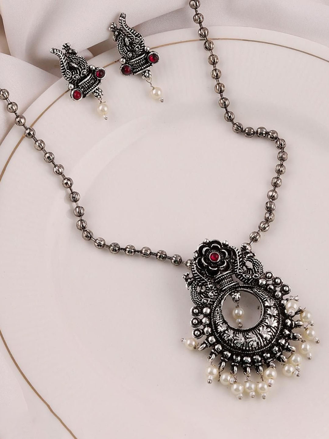 

MANSIYAORANGE Rhodium-Plated Stone Studded Jewellery Set, Silver