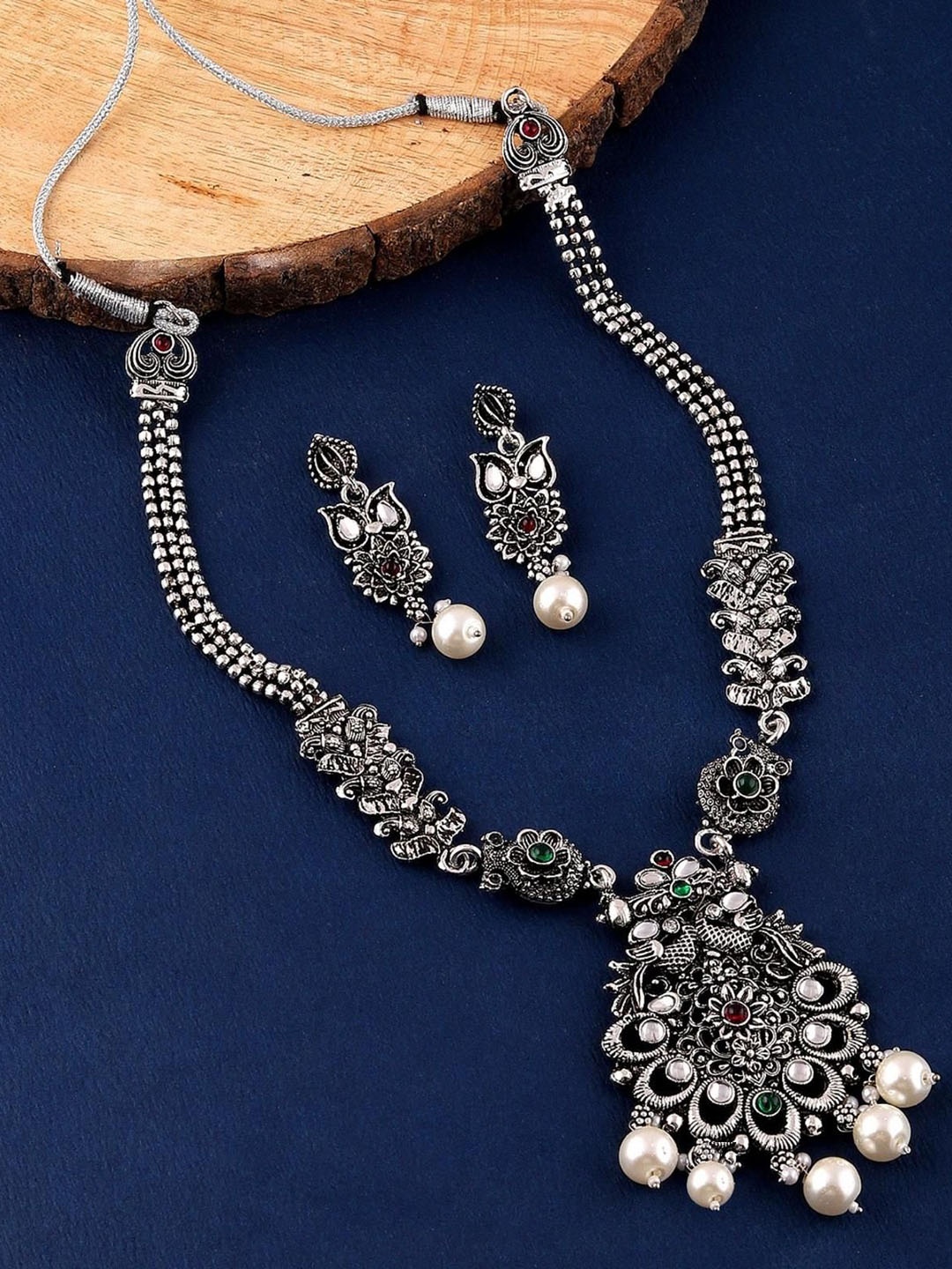 

MANSIYAORANGE Rhodium-Plated Stone Studded & Beaded Jewellery Set, Silver