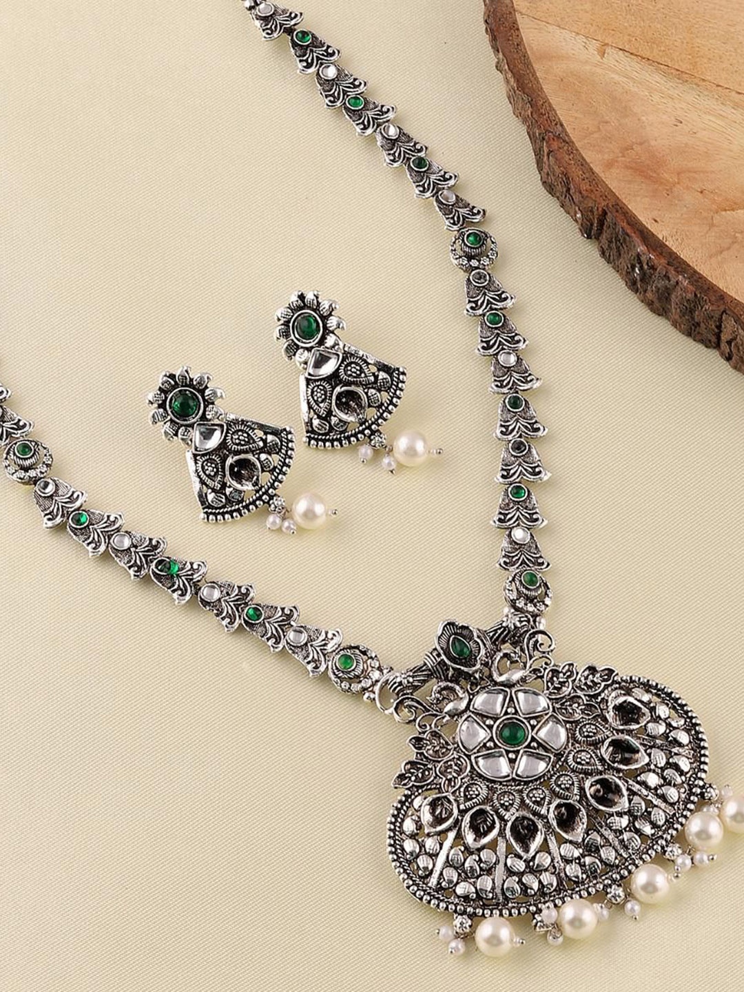 

MANSIYAORANGE Rhodium Plated Artificial Beads Oxidised German Silver Jewellery Set