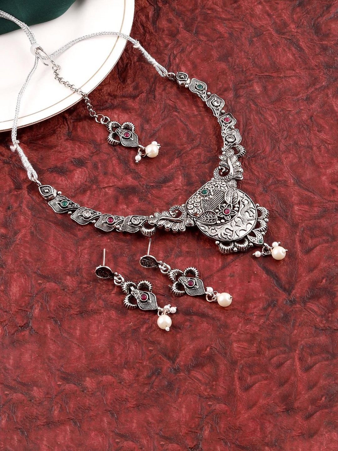 

MANSIYAORANGE Rhodium Plated German Silver Oxidised Jewellery Set