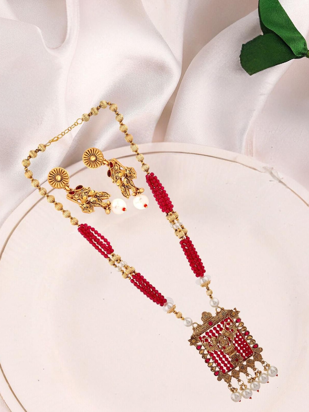 

MANSIYAORANGE Gold Plated Artificial Beads Temple Jewellery Set