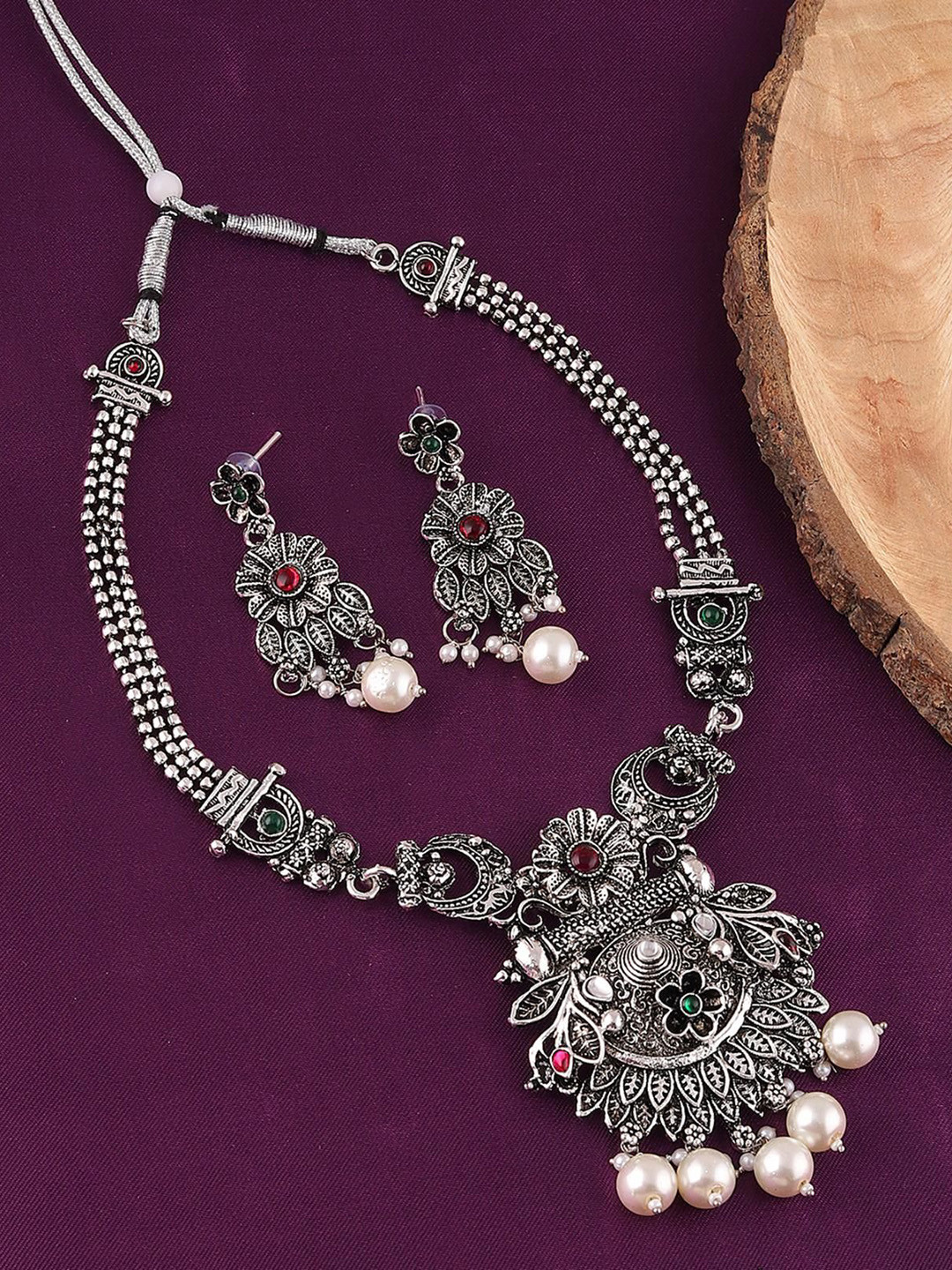 

MANSIYAORANGE Rhodium Plated Artificial Beads Oxidised German Silver Jewellery Set