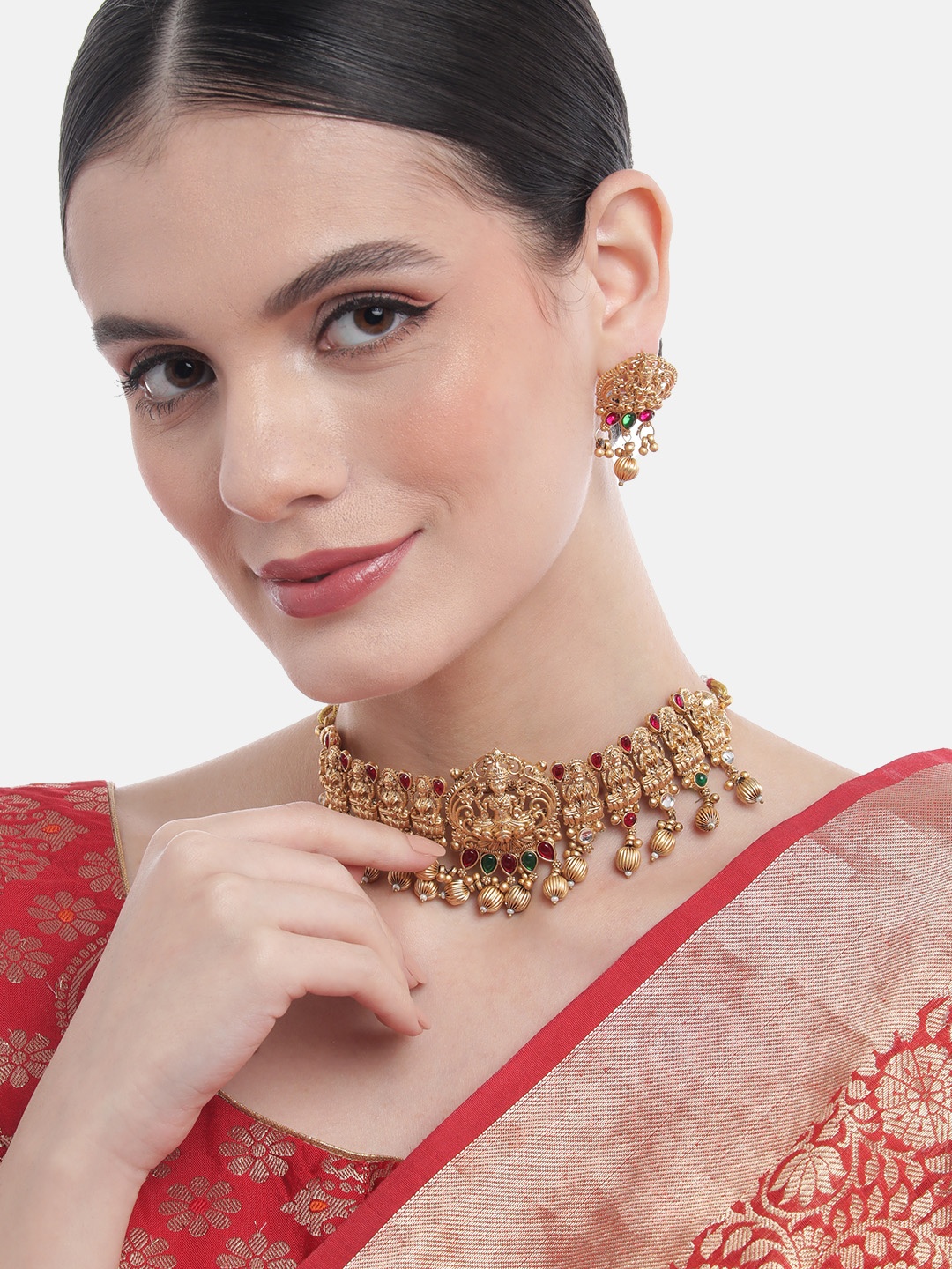 

MANSIYAORANGE Gold Plated Stone-Studded & Beaded Temple Jewellery Set