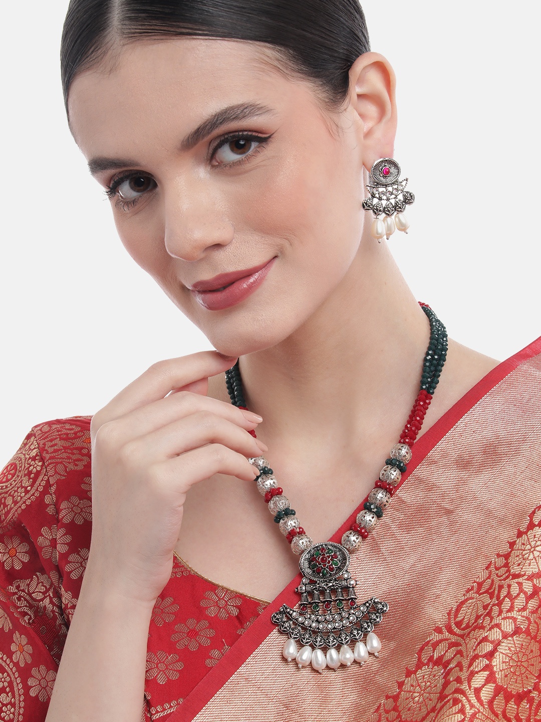 

MANSIYAORANGE Rhodium Plated Stone Studded & Beaded Oxidised German Silver Jewellery Set