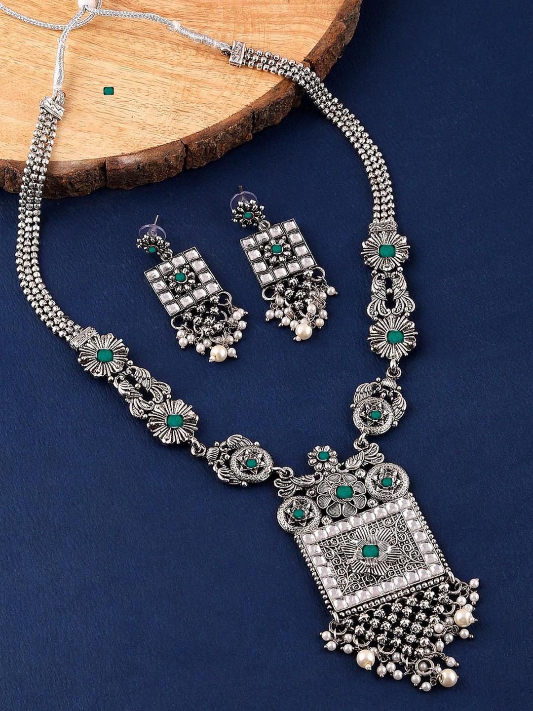 

MANSIYAORANGE Rhodium Plated Stone Studded & Beaded Oxidised German Silver Jewellery Set