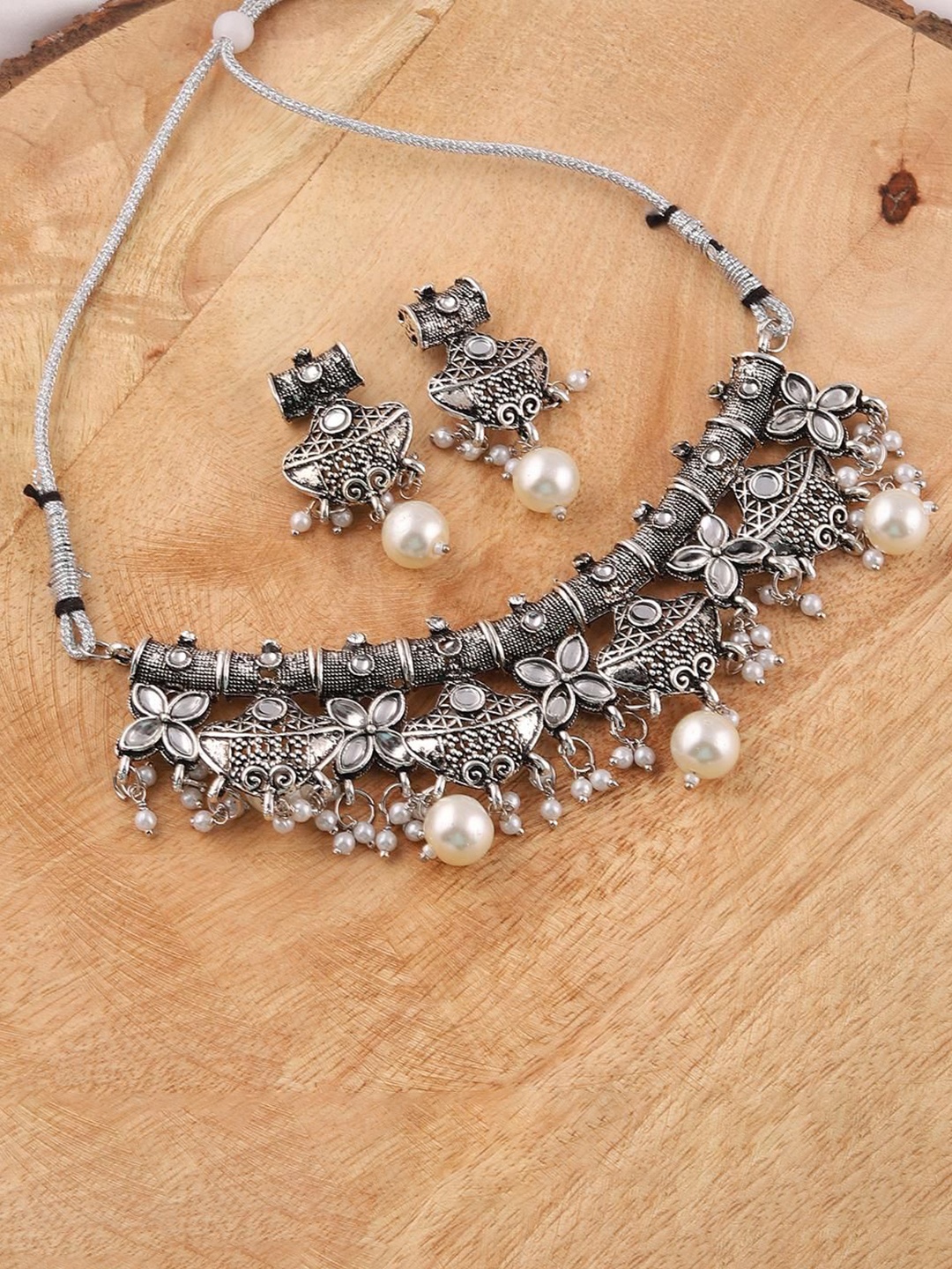 

MANSIYAORANGE Rhodium Plated Artificial Beads Oxidised German Silver Jewellery Set
