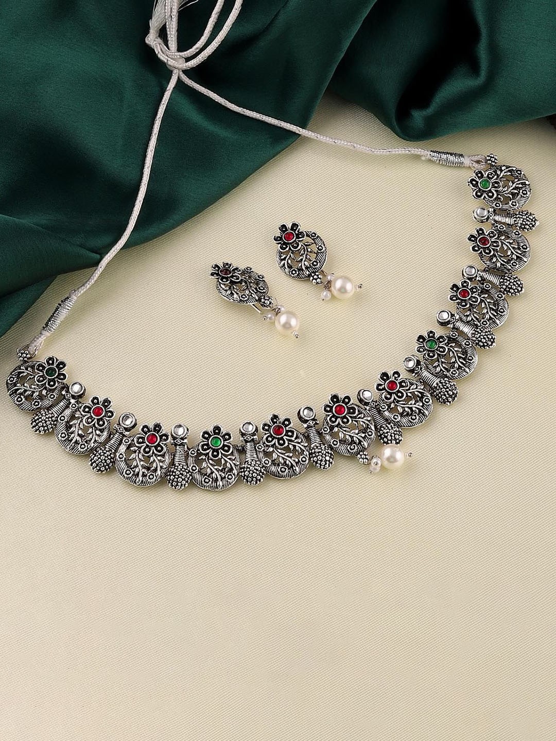

MANSIYAORANGE Rhodium Plated Kundan Studded Oxidised German Silver Jewellery Set