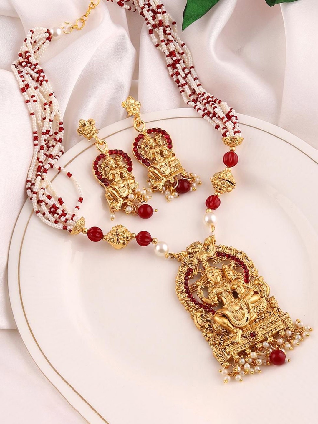 

MANSIYAORANGE Gold Plated Artificial Beads Temple Jewellery Set