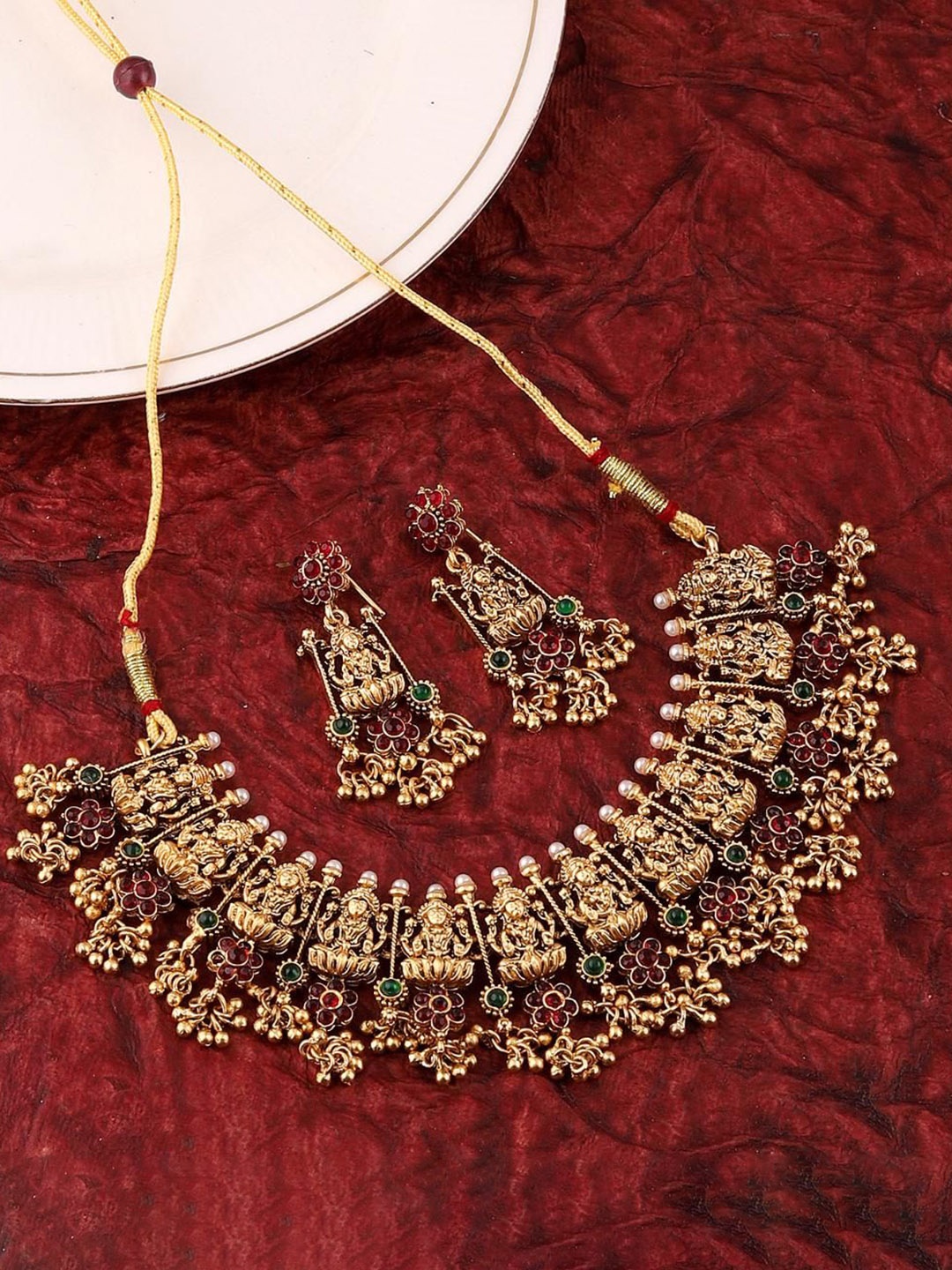 

MANSIYAORANGE Gold Plated Stone Studded & Beaded Temple Jewellery Set