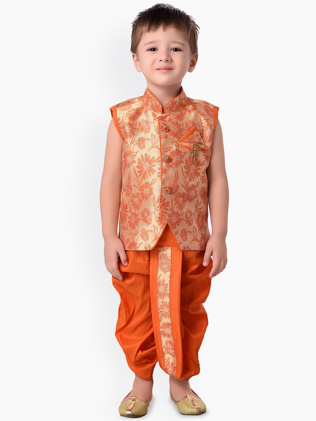 

BAESD Boys Floral Woven Design Mandarin Collar Silk Cotton Straight Kurta with Dhoti Pants, Orange