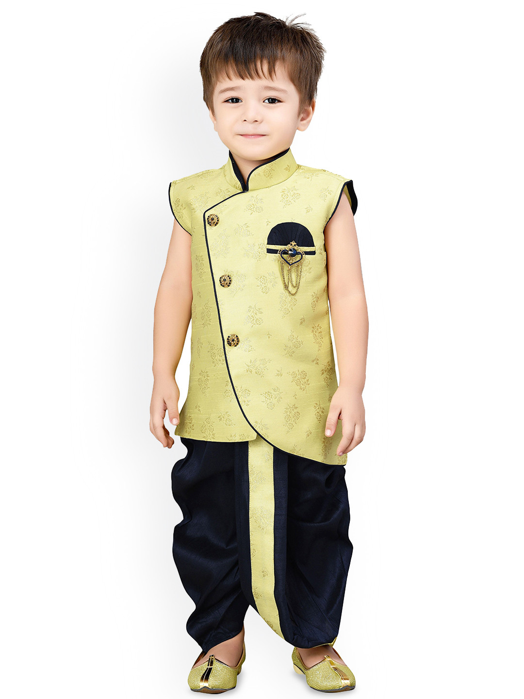 

BAESD Boys Floral Woven Design Mandarin Collar Silk Cotton Straight Kurta with Dhoti Pants, Yellow