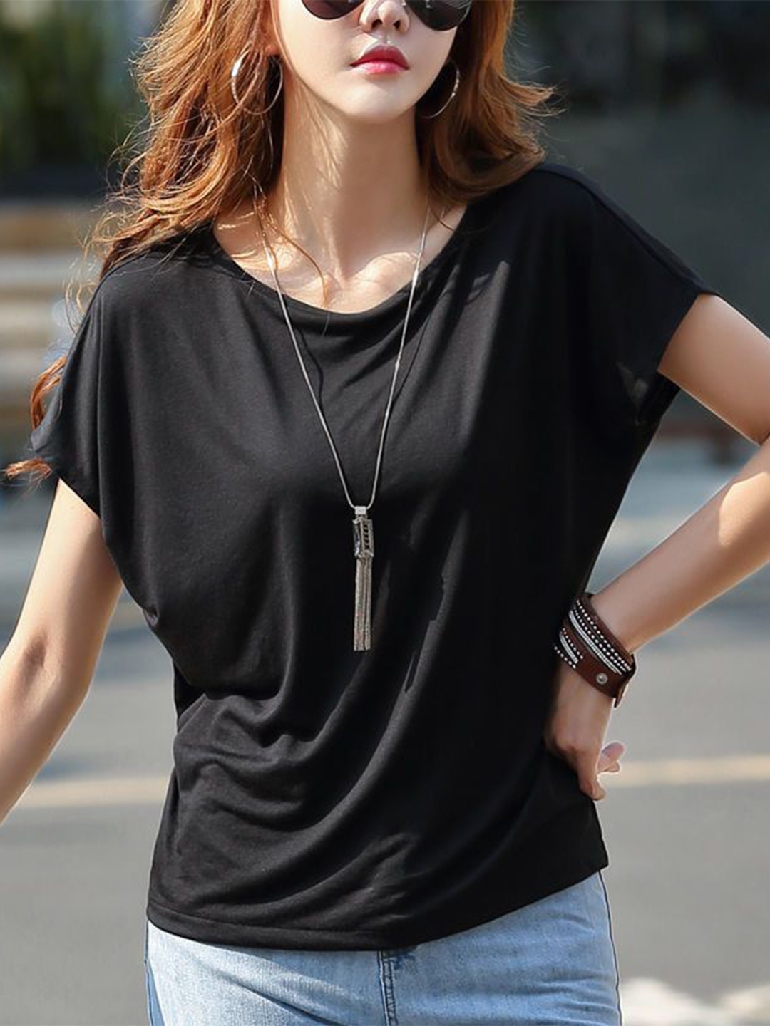 

StyleCast Women Solid Round Neck Polyester Top, Black