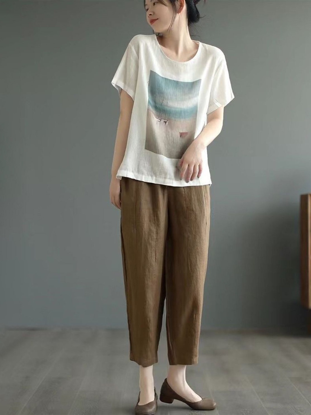 

StyleCast Women Graphic Printed Round Neck Cotton Top, Beige